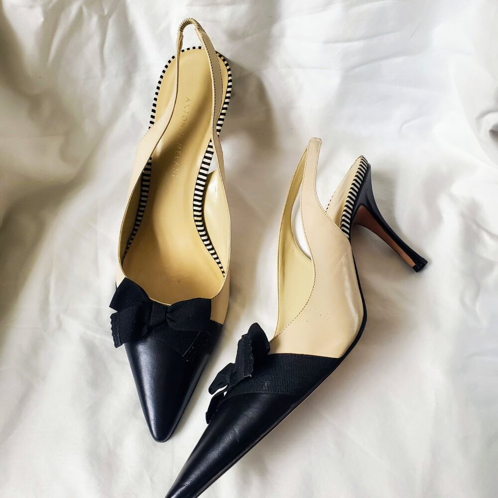 Antonio Melani Two-Tone Black & Cream Pointed Toe Slingback Pumps - Picture 4 of 5